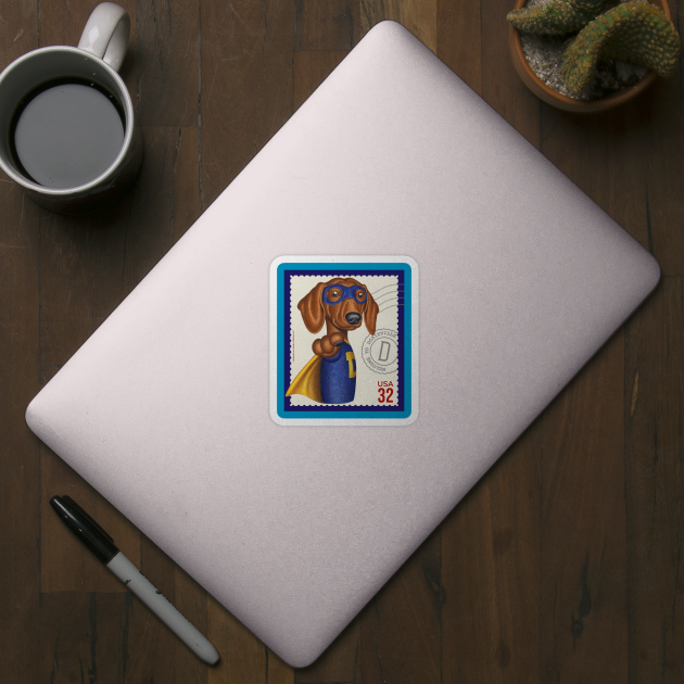 Superhero Doxie in cute blue suit with yellow accessories by Danny Gordon Art